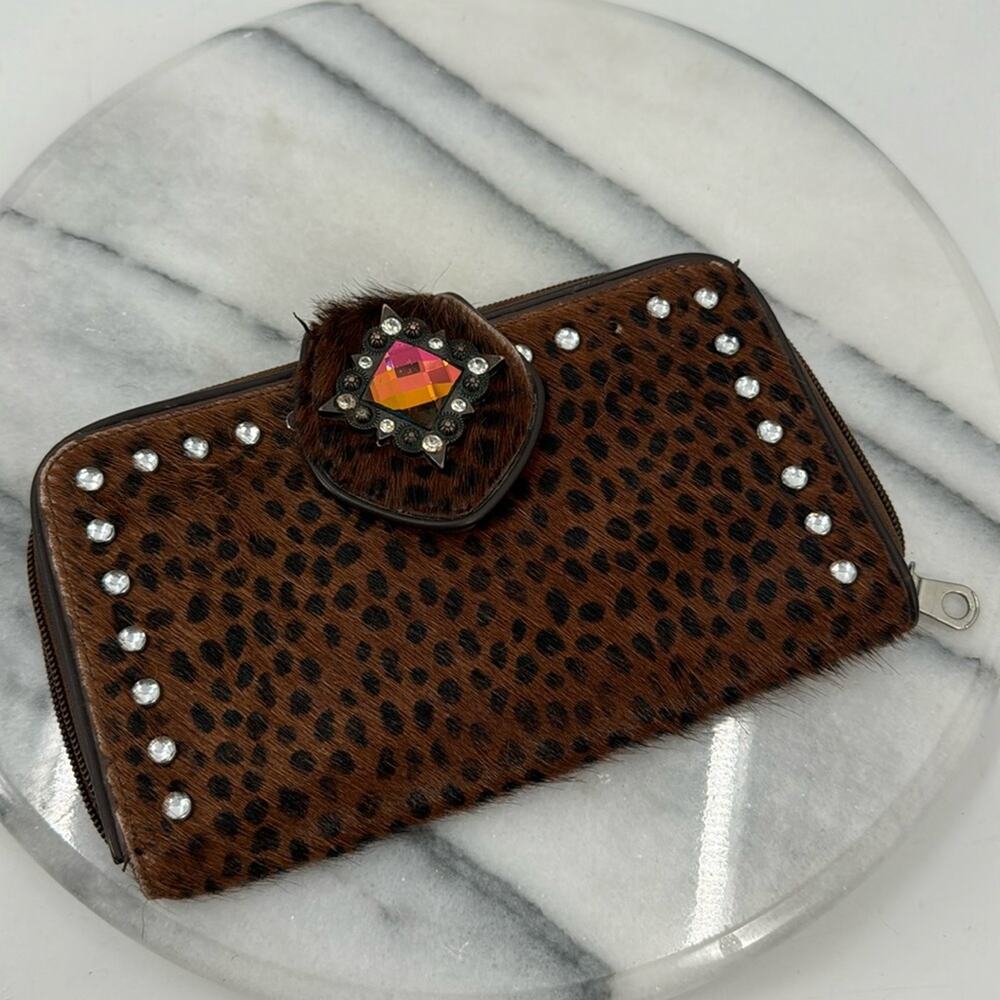 Pony hair spotted fur rhinestone glam western wallet